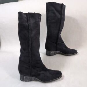 Anne Klein NY Suede Boots Womens 7.5M Black Faux Fur Knee Ankle Fold Over Wedge